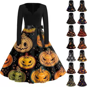 Женское винтажное классическое платье с длинным рукавом и принтом, V-образным вырезом, свободное платье S