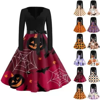 Женское винтажное классическое платье с длинным рукавом и принтом, V-образным вырезом, свободное платье L шафрановый