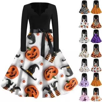 Женское винтажное классическое платье с длинным рукавом и принтом, V-образным вырезом, свободное платье L шафрановый