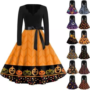 Женское винтажное классическое платье с длинным рукавом и принтом, V-образным вырезом, свободное платье M