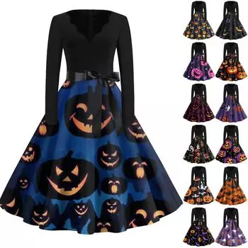 Женское винтажное классическое платье с длинным рукавом и принтом, V-образным вырезом, свободное платье S