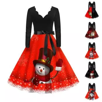 Женское винтажное классическое платье с длинным рукавом и рождественским принтом с v-образным вырезом, свободное платье XXL чёрный