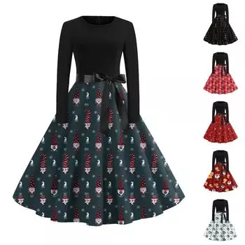 Женское винтажное классическое платье с длинным рукавом и рождественским принтом, свободное платье с круглым вырезом L