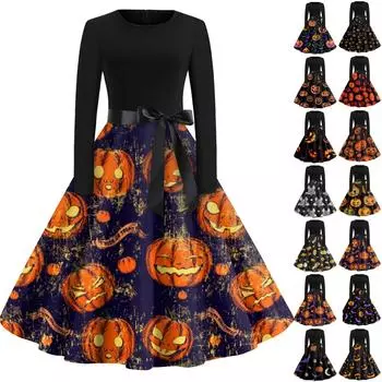 Женское винтажное классическое платье с длинным рукавом и принтом, V-образным вырезом, свободное платье XXL шафрановый