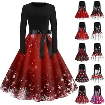 Женское винтажное классическое платье с длинным рукавом и рождественским принтом, свободное платье с круглым вырезом XL