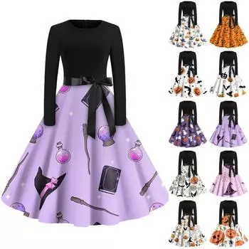 Женское винтажное классическое платье с длинным рукавом и принтом, свободное платье с круглым вырезом S