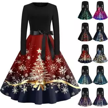 Женское винтажное классическое платье с длинным рукавом и рождественским принтом, свободное платье с круглым вырезом S