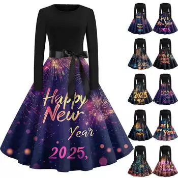 Женское винтажное классическое платье с длинным рукавом и принтом, свободное платье с круглым вырезом L