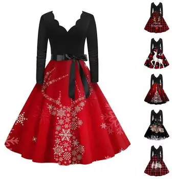 Женское винтажное классическое платье с длинным рукавом и рождественским принтом с v-образным вырезом, свободное платье L чёрный