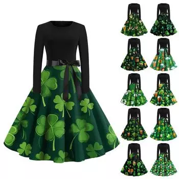 Женское винтажное классическое платье с длинным рукавом и принтом на День святого Валентина, свободное платье с круглым вырезом L