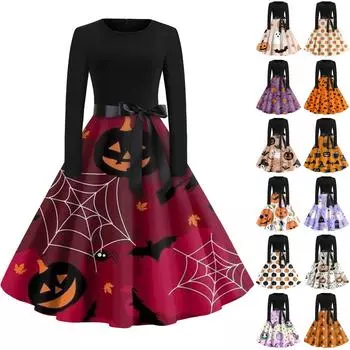 Женское винтажное классическое платье с длинным рукавом и принтом, свободное платье с круглым вырезом XXL