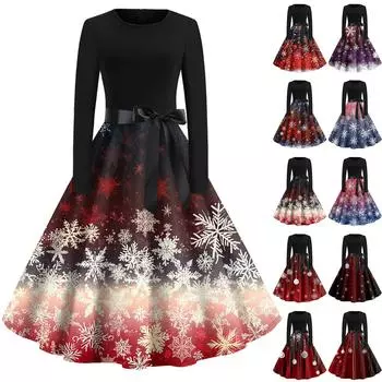 Женское винтажное классическое платье с длинным рукавом и рождественским принтом, свободное платье с круглым вырезом M