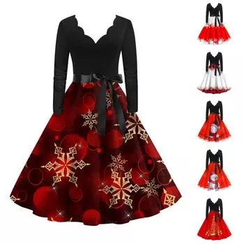 Женское винтажное классическое платье с длинным рукавом и рождественским принтом с v-образным вырезом, свободное платье XXL чёрный
