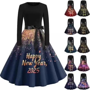 Женское винтажное классическое платье с длинным рукавом и принтом, свободное платье с круглым вырезом M фиолетовый