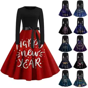 Женское винтажное классическое платье с длинным рукавом 2024, новогоднее свободное платье с открытым вырезом и принтом XXL чёрный