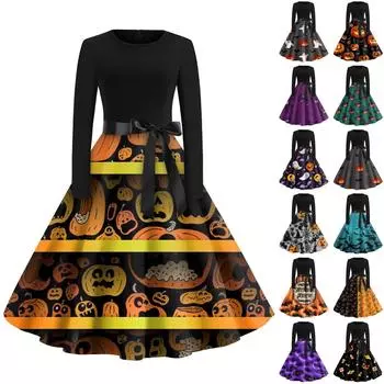 Женское винтажное классическое платье с длинным рукавом и принтом, V-образным вырезом, свободное платье M