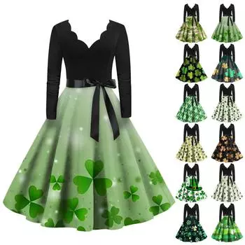 Женское винтажное классическое платье с длинным рукавом и принтом, свободное платье с круглым вырезом L