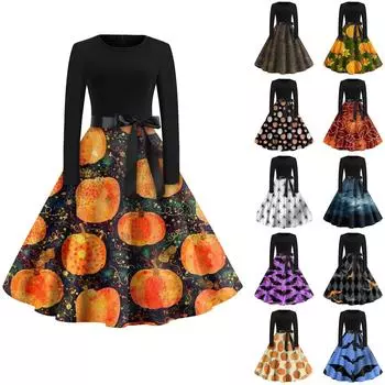 Женское винтажное классическое платье с длинным рукавом и принтом на Хэллоуин, платья с круглым вырезом и подолом XXL синий
