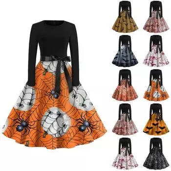 Женское винтажное классическое платье с длинным рукавом и принтом на Хэллоуин, платья с круглым вырезом и подолом M чёрный