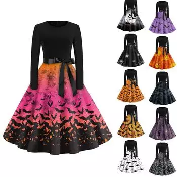 Женское винтажное классическое платье с длинным рукавом и принтом на Хэллоуин, платья с круглым вырезом и подолом S