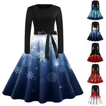 Женское винтажное классическое платье с воротником на талии и галстуком-бабочкой с длинными рукавами и рождественским принтом, с круглым вырезом, свободное платье L чёрный