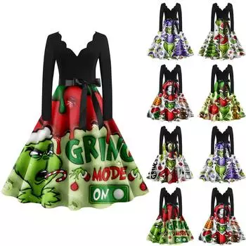 Женское винтажное классическое платье с воротником на талии, бантом, длинными рукавами, рождественским принтом, V-образным вырезом, свободное платье L