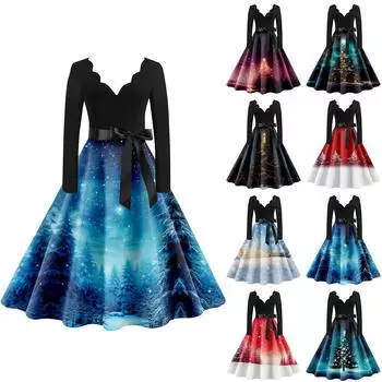 Женское винтажное классическое платье с воротником на талии, бантом, длинными рукавами, рождественским принтом, V-образным вырезом, свободное платье XXL винный