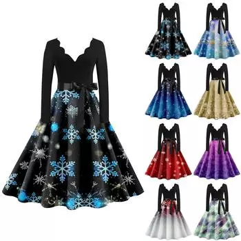 Женское винтажное классическое платье с воротником на талии, бантом, длинными рукавами, рождественским принтом, V-образным вырезом, свободное платье XXL золотой