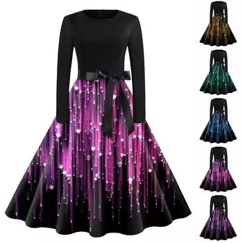 Женское винтажное классическое платье с воротником на талии и галстуком-бабочкой с длинными рукавами и рождественским принтом, с круглым вырезом, свободное платье S зелёный