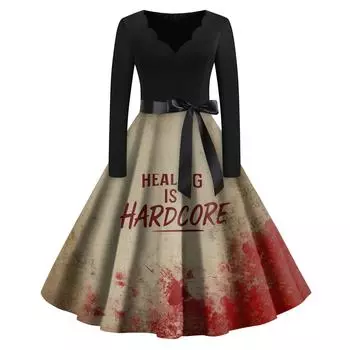 Женское винтажное классическое платье с вырезом на талии и галстуком-бабочкой с длинными рукавами на Хэллоуин с принтом и V-образным вырезом, свободное платье L винный