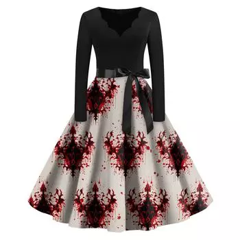 Женское винтажное классическое платье с вырезом на талии и галстуком-бабочкой с длинными рукавами на Хэллоуин с принтом и V-образным вырезом, свободное платье XXL