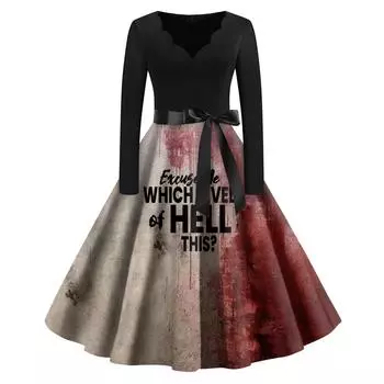 Женское винтажное классическое платье с вырезом на талии и галстуком-бабочкой с длинными рукавами на Хэллоуин с принтом и V-образным вырезом, свободное платье L чёрный