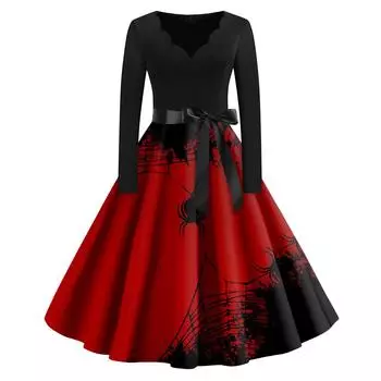 Женское винтажное классическое платье с вырезом на талии и галстуком-бабочкой с длинными рукавами на Хэллоуин с принтом и V-образным вырезом, свободное платье S красный