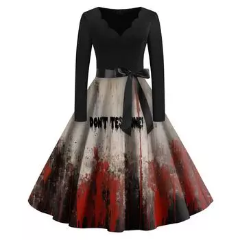 Женское винтажное классическое платье с вырезом на талии и галстуком-бабочкой с длинными рукавами на Хэллоуин с принтом и V-образным вырезом, свободное платье L