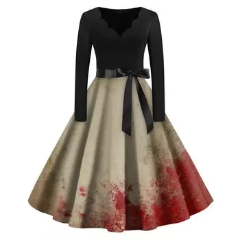 Женское винтажное классическое платье с вырезом на талии и галстуком-бабочкой с длинными рукавами на Хэллоуин с принтом и V-образным вырезом, свободное платье XL хаки