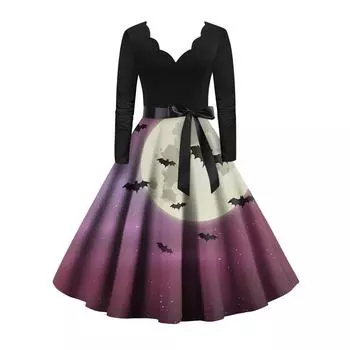 Женское винтажное классическое платье с вырезом на талии и галстуком-бабочкой с длинными рукавами на Хэллоуин с принтом и V-образным вырезом, свободное платье S