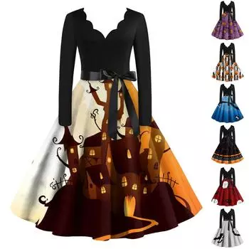 Женское винтажное классическое платье с вырезом на талии и галстуком-бабочкой с длинными рукавами на Хэллоуин с принтом и V-образным вырезом, свободное платье L имбирный