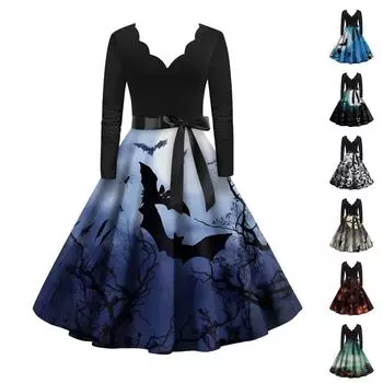 Женское винтажное классическое платье с вырезом на талии и галстуком-бабочкой с длинными рукавами на Хэллоуин с принтом и V-образным вырезом, свободное платье XXXL бирюзовый