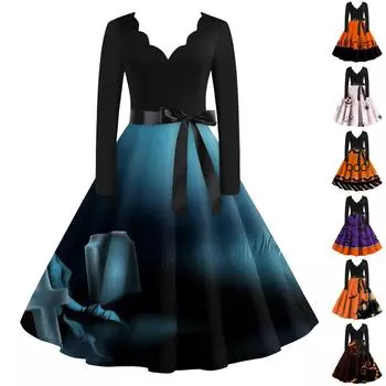 Женское винтажное классическое платье с вырезом на талии и галстуком-бабочкой с длинными рукавами на Хэллоуин с принтом и V-образным вырезом, свободное платье XXL кофейный