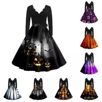 Женское винтажное классическое платье с вырезом на талии и галстуком-бабочкой с длинными рукавами на Хэллоуин с принтом и V-образным вырезом, свободное платье L