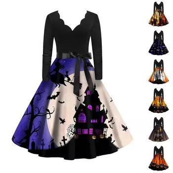 Женское винтажное классическое платье с вырезом на талии и галстуком-бабочкой с длинными рукавами на Хэллоуин с принтом и V-образным вырезом, свободное платье XXXL фиолетовый