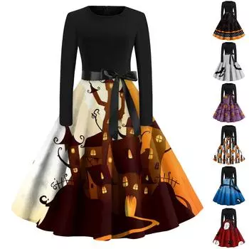Женское винтажное классическое платье с вырезом на талии и галстуком-бабочкой с длинными рукавами на Хэллоуин с принтом и V-образным вырезом, свободное платье S