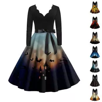 Женское винтажное классическое платье с вырезом на талии и галстуком-бабочкой с длинными рукавами на Хэллоуин с принтом и V-образным вырезом, свободное платье XXXL оранжевый