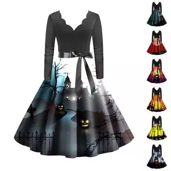 Женское винтажное классическое платье с вырезом на талии и галстуком-бабочкой с длинными рукавами на Хэллоуин с принтом и V-образным вырезом, свободное платье L фиолетовый