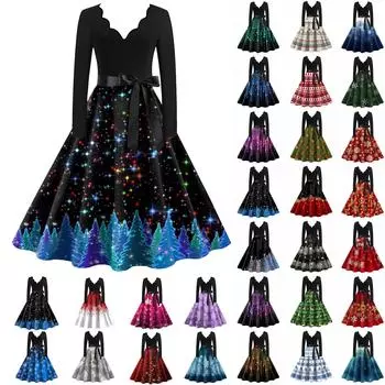 Женское винтажное классическое платье с вырезом на талии и галстуком-бабочкой с длинными рукавами и рождественским принтом с v-образным вырезом, свободное платье L синий