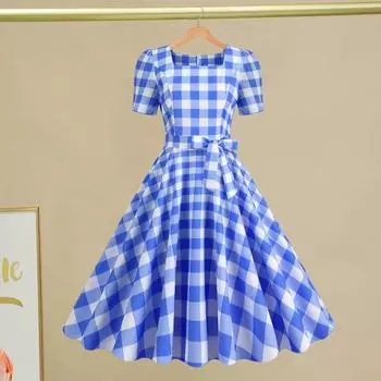 Женское винтажное клетчатое платье с квадратным воротником и короткими рукавами, платье-миди с высокой талией и бантом, свободное платье А-силуэта XL розовый