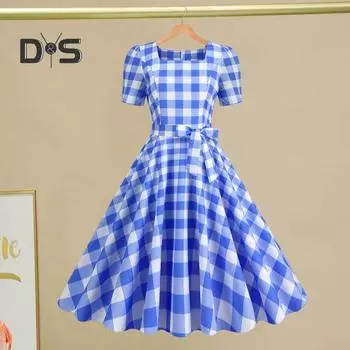 Женское винтажное клетчатое платье с квадратным воротником и короткими рукавами, платье-миди с высокой талией и бантом, свободное платье А-силуэта 2XL розовый
