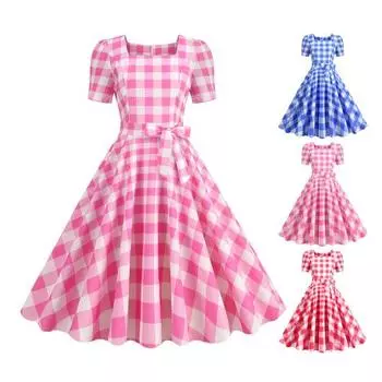 Женское винтажное клетчатое платье с принтом, платье миди с квадратным воротником и короткими рукавами, платье трапециевидной формы с бантом и высокой талией XL розовый