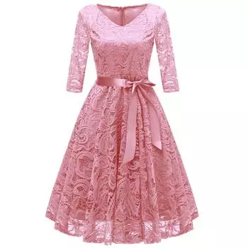 Женское винтажное кружевное платье с цветочным принтом и рукавом 3/4, платье подружки невесты с лентой и поясом, чайное миди, вечерние, коктейльные, вечерние наряды, повседневная одежда S розовый