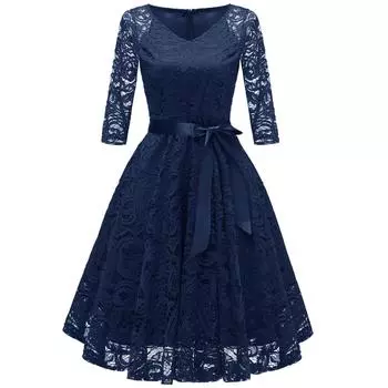 Женское винтажное кружевное платье с цветочным принтом и рукавом 3/4, платье подружки невесты с лентой и поясом, чайное миди, вечерние, коктейльные, вечерние наряды, повседневная одежда M темно-синий